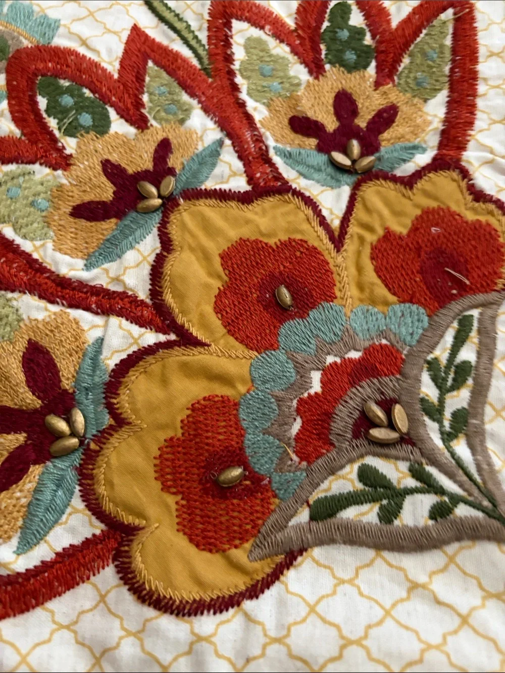 Pier 1 Embroidered Floral Table Runner in Cream, Mustard & Red